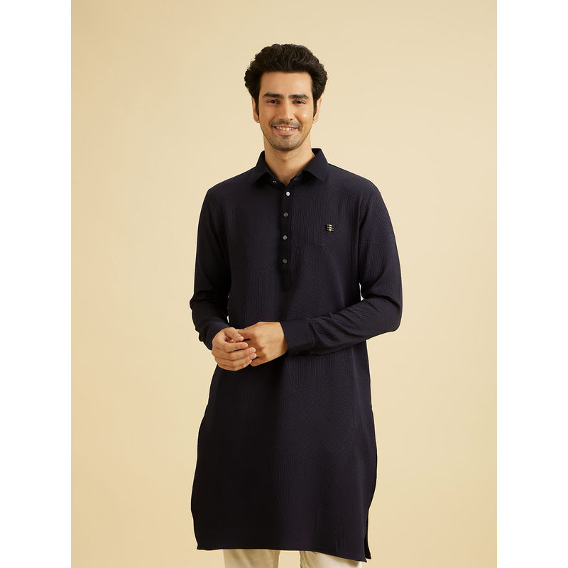 Manyavar Navy Blue Blended Rayon Kurta for Men (S)