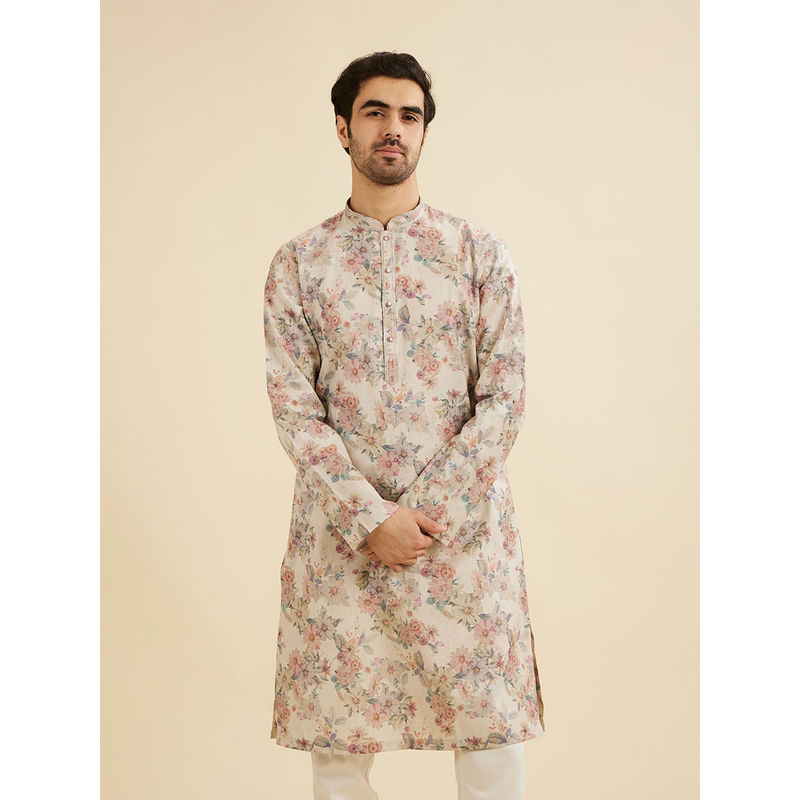Manyavar Beige Natural Blended Cotton Kurta for Men (M)