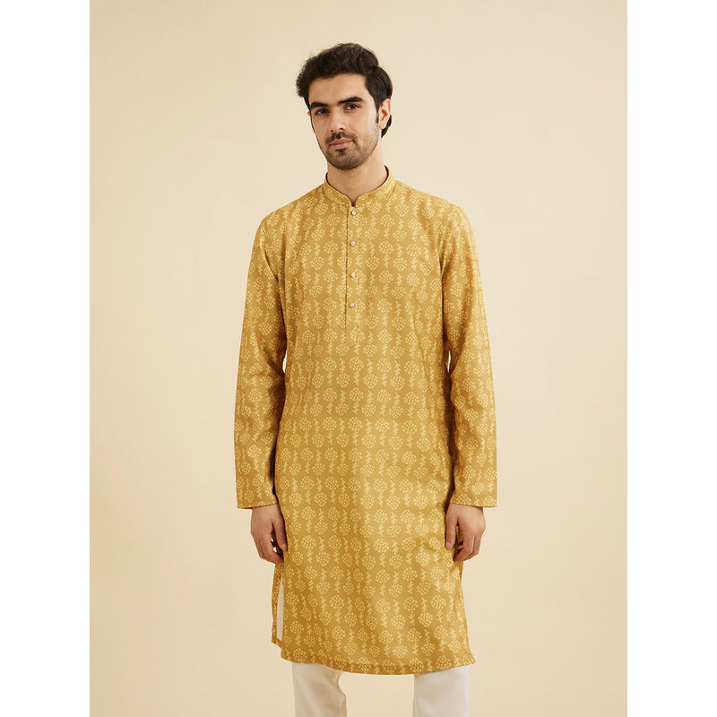 Manyavar Mustard Blended Cotton Kurta for Men (L)