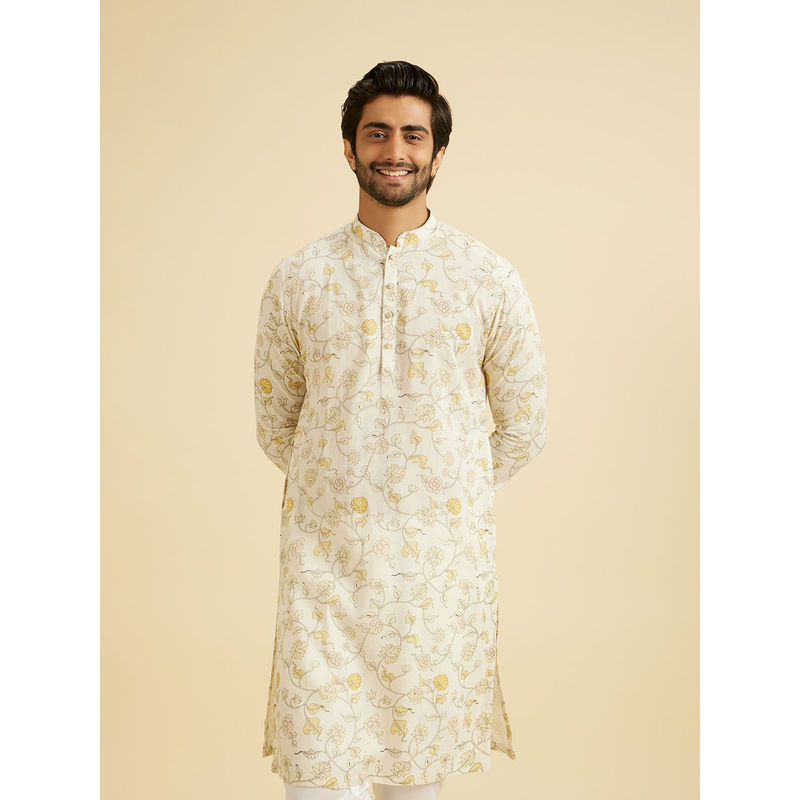 Manyavar White Blended Linen Kurta for Men (L)