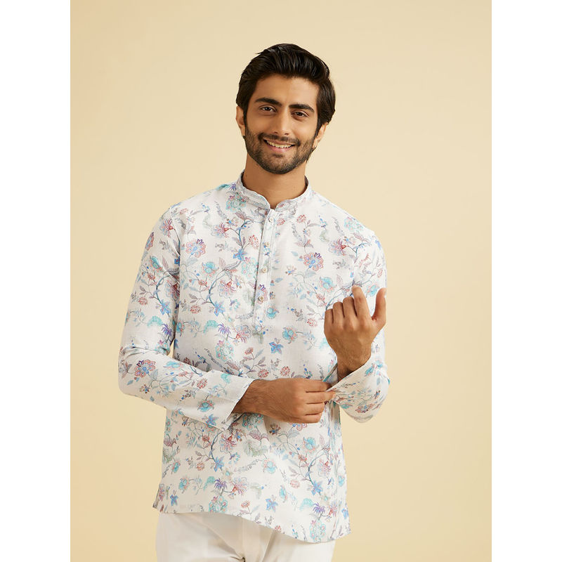 Manyavar White Blended Cotton Short Kurta for Men (M)