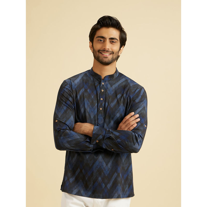 Manyavar Dark Blue Spandex Short Kurta for Men (L)