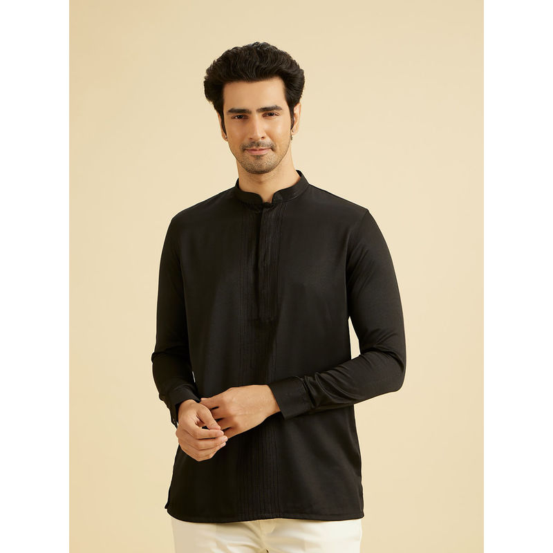 Manyavar Black Blended Viscose Short Kurta for Men (L)