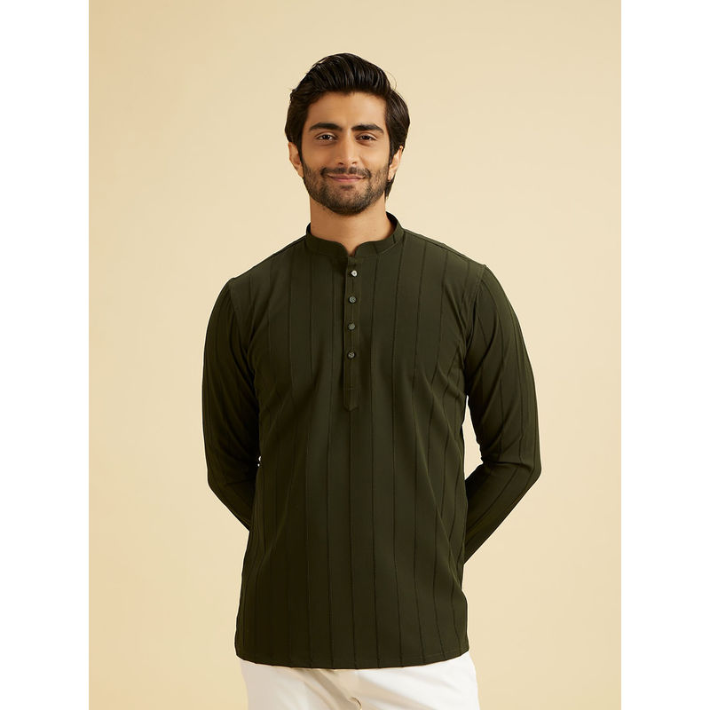 Manyavar Dark Green Crepe Short Kurta for Men (M)