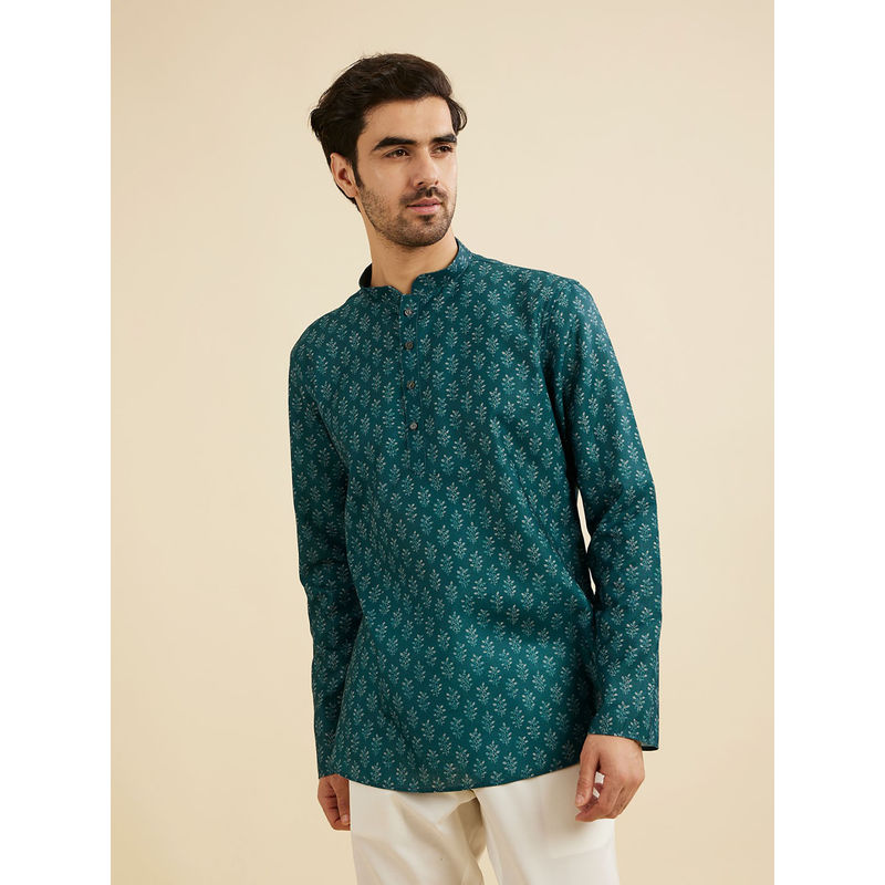 Manyavar Teal Green Blended Cotton Short Kurta for Men (XL)