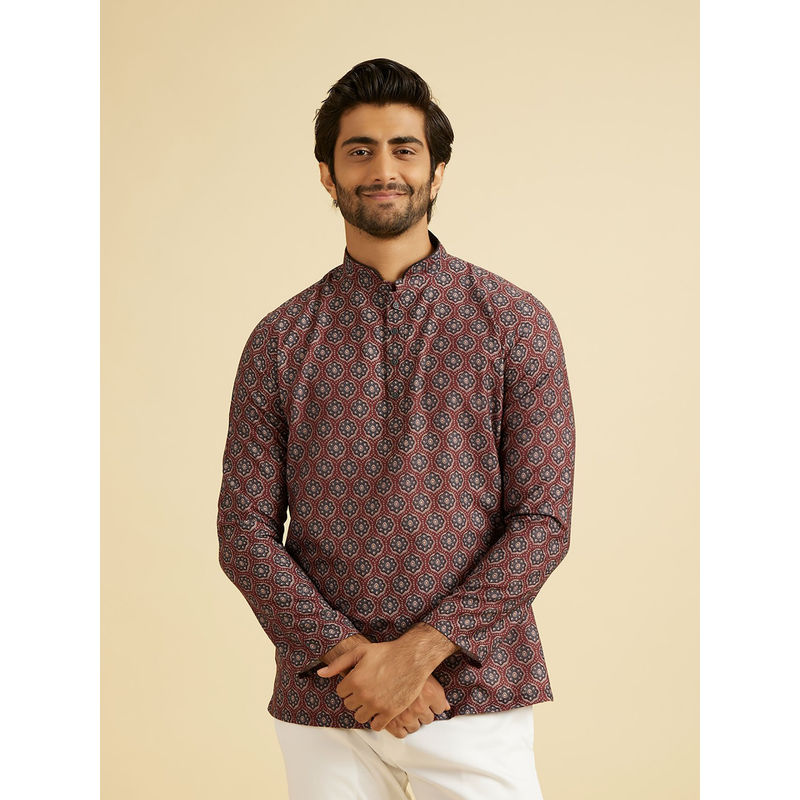 Manyavar Wine Blended Cotton Short Kurta for Men (M)