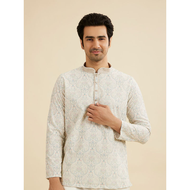 Manyavar White Blended Cotton Short Kurta for Men (M)