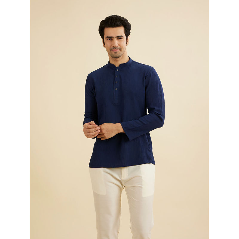 Manyavar Navy Blue Spandex Short Kurta for Men (XL)