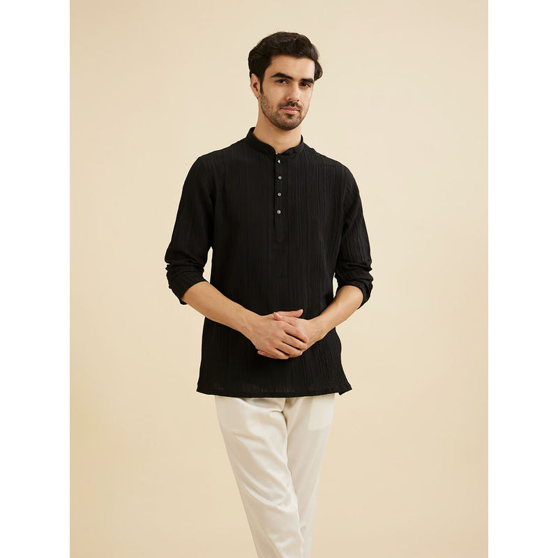 Manyavar Black Spandex Short Kurta for Men (M)