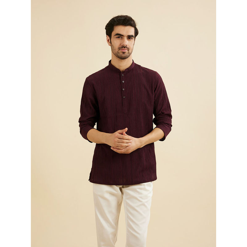 Manyavar Wine Spandex Short Kurta for Men (L)