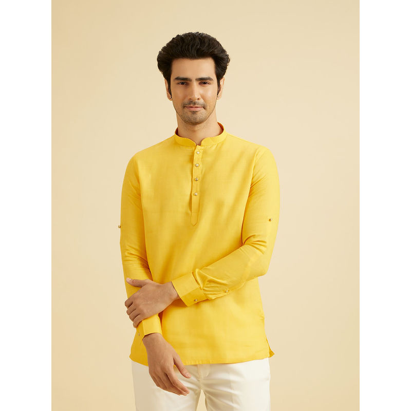 Manyavar Mustard Cotton Short Kurta for Men (M)