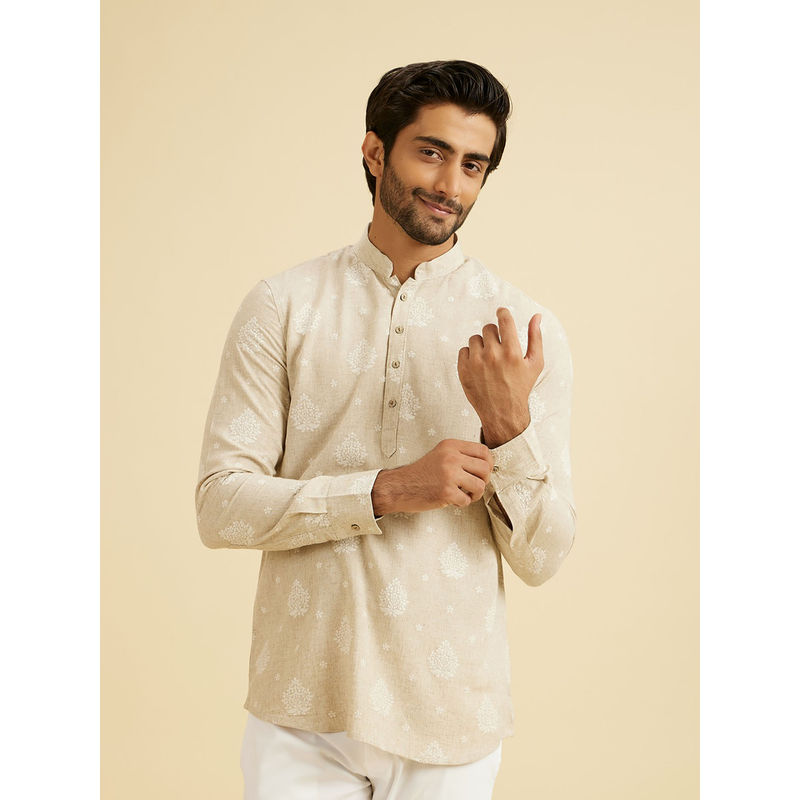 Manyavar Beige Natural Linen Short Kurta for Men (L)