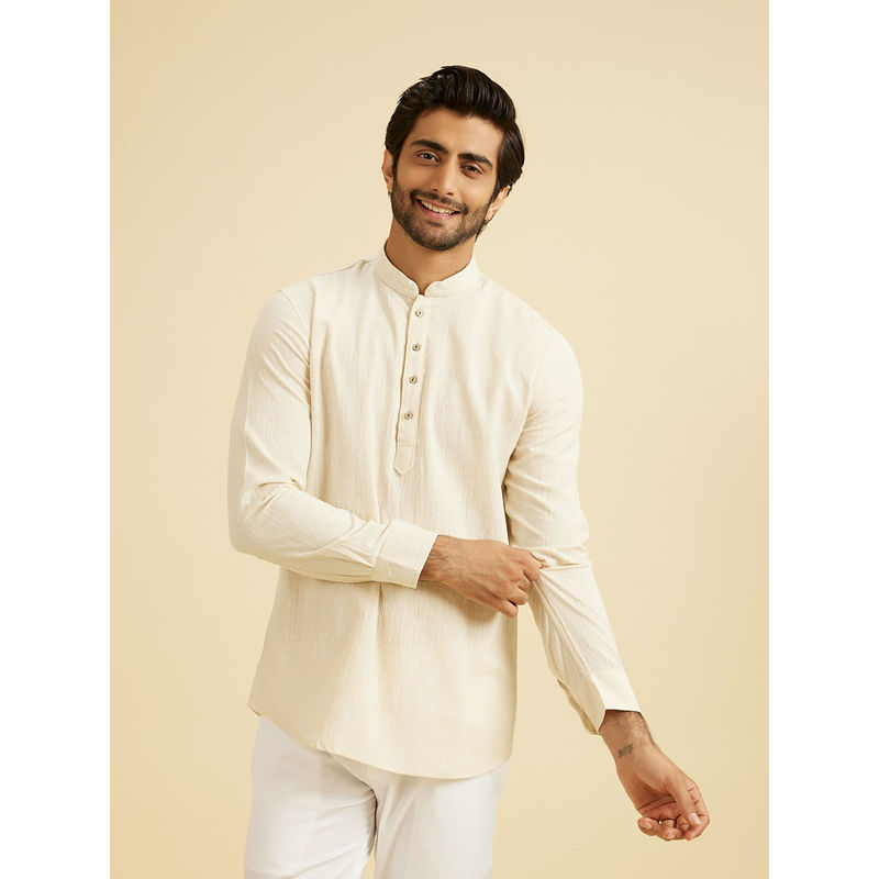 Manyavar Beige Linen Short Kurta for Men (M)