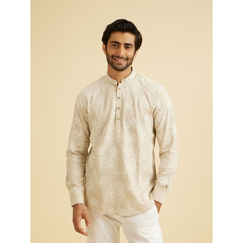 Manyavar Beige Natural Blended Linen Short Kurta for Men (3XL)