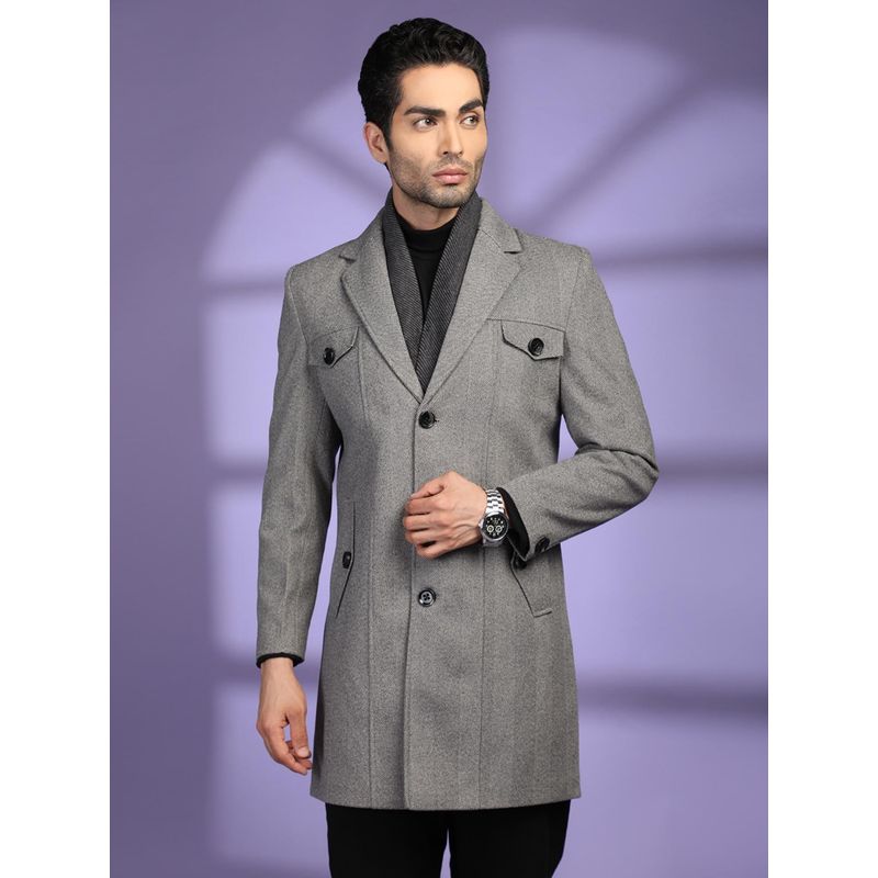 CHKOKKO Men Grey Tweed Solid Notched Lapel Overcoat (L)