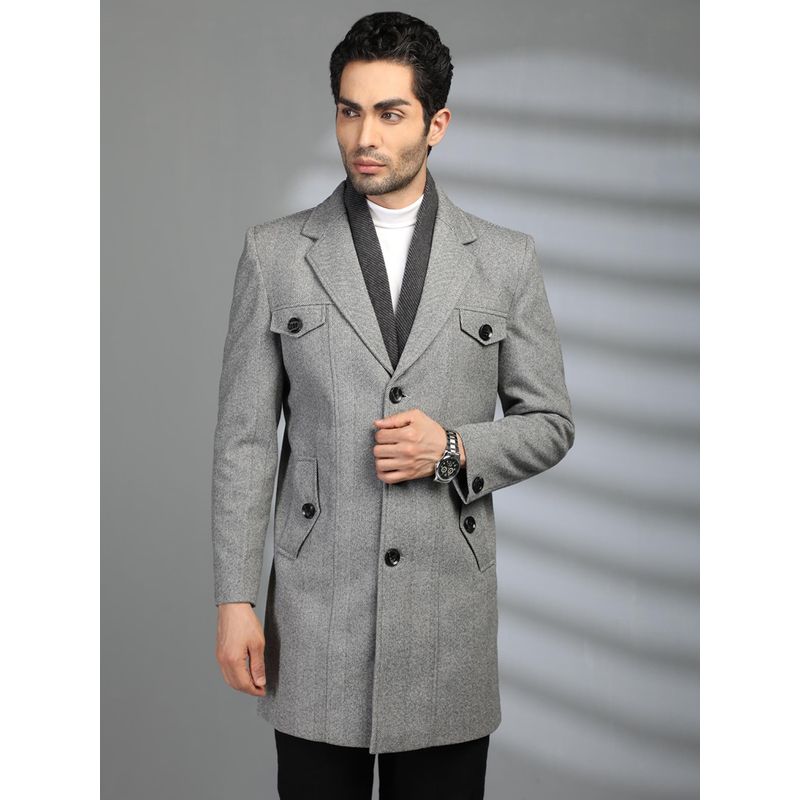 CHKOKKO Men Grey Tweed Solid Notched Lapel Overcoat (XL)