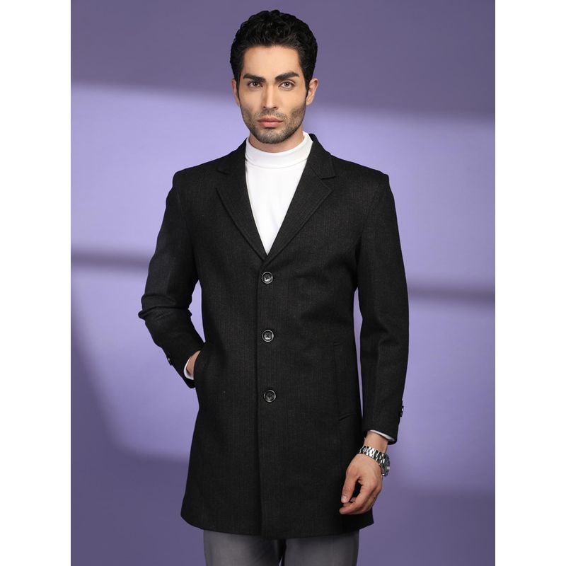 CHKOKKO Men Black Tweed Solid Notched Lapel Coat (L)
