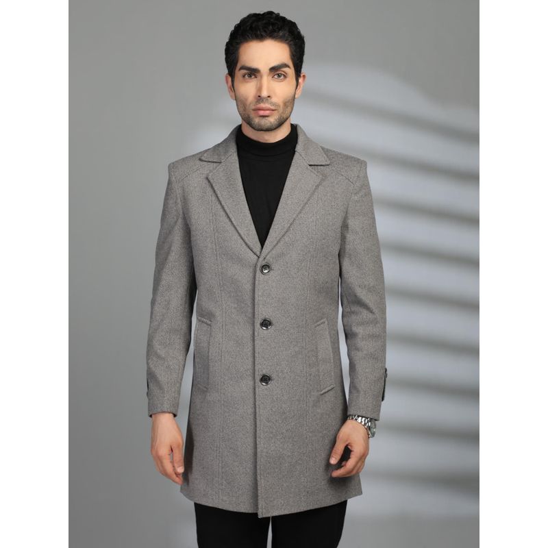 CHKOKKO Men Grey Tweed Solid Notched Lapel Coat (L)