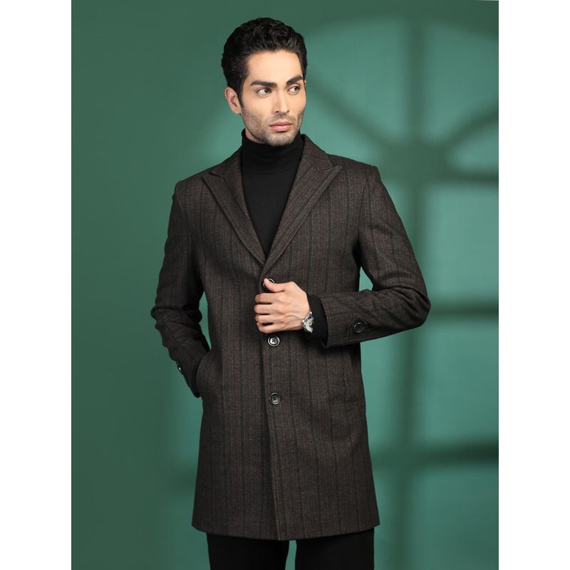 CHKOKKO Men Brown Tweed Stripes Notched Lapel Coat (3XL)