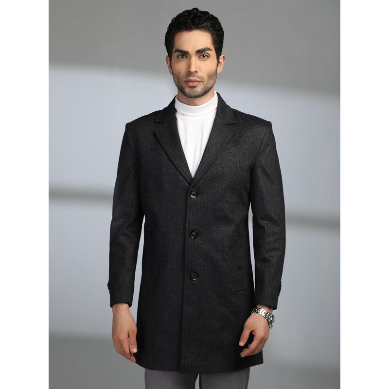 CHKOKKO Men Black Tweed Stripes Notched Lapel Coat (2XL)