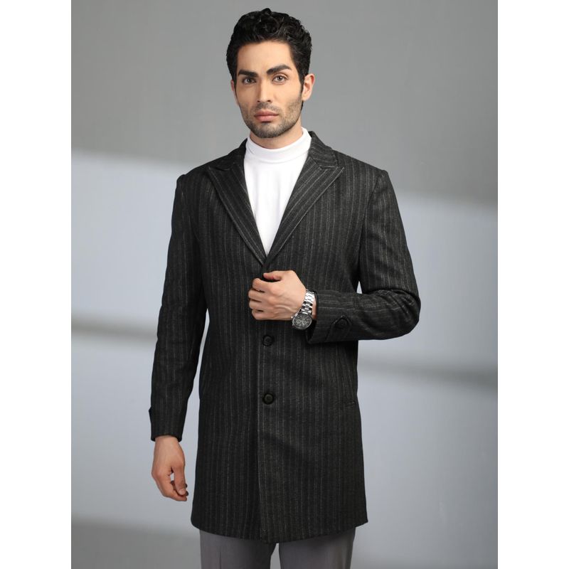 CHKOKKO Men Black Tweed Stripes Notched Lapel Coat (M)
