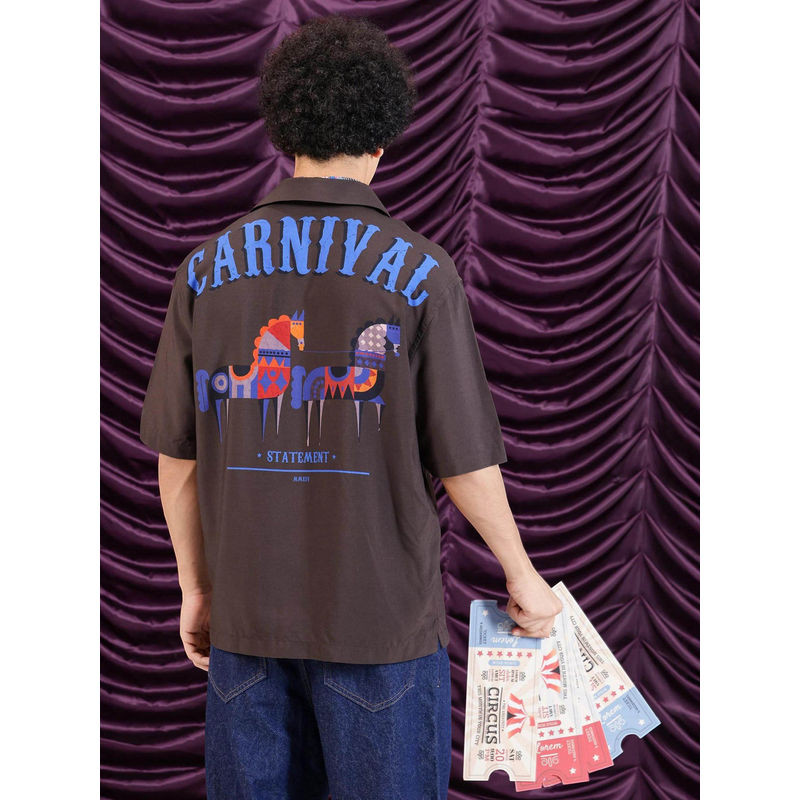 Rare Rabbit Men Carn Ss Brown Oversized Fit Printed Shirt (2XL)