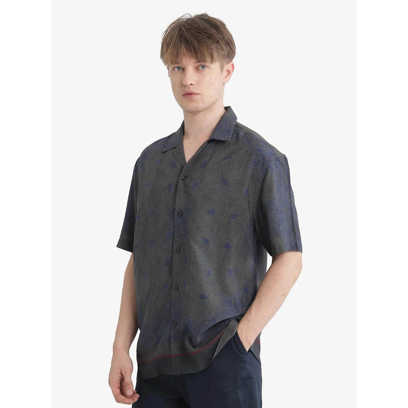 Rare Rabbit Men's Difo Grey Relaxed Fit Printed Shirt (XS)