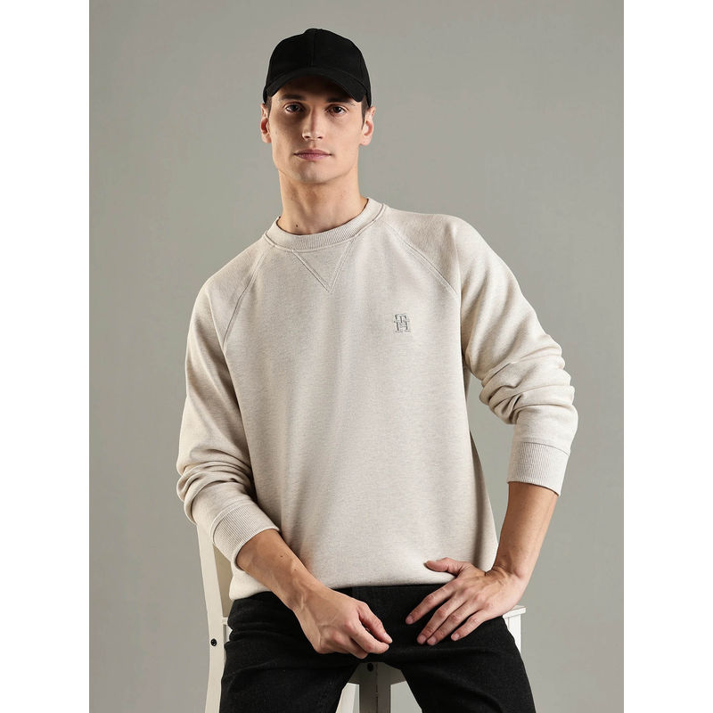 Tommy Hilfiger Beige Solid Regular Fit Cotton Sweatshirt (L)