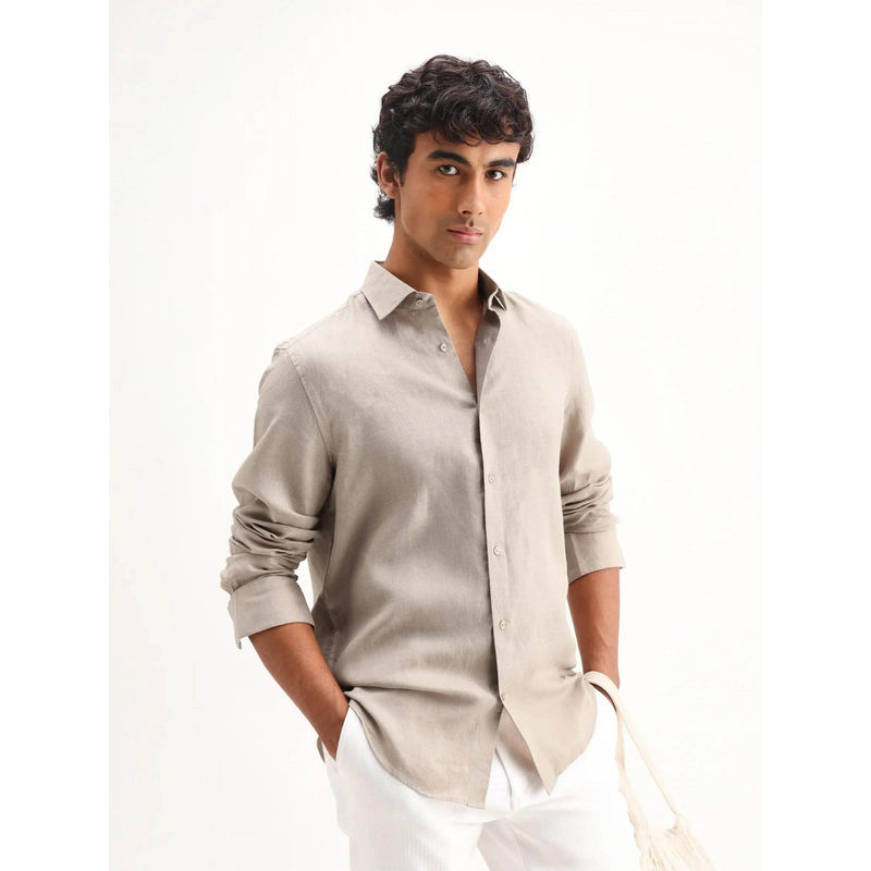Rare Rabbit Men's Mavi Beige Linen Fabric Regular Fit Plain Shirt (M)