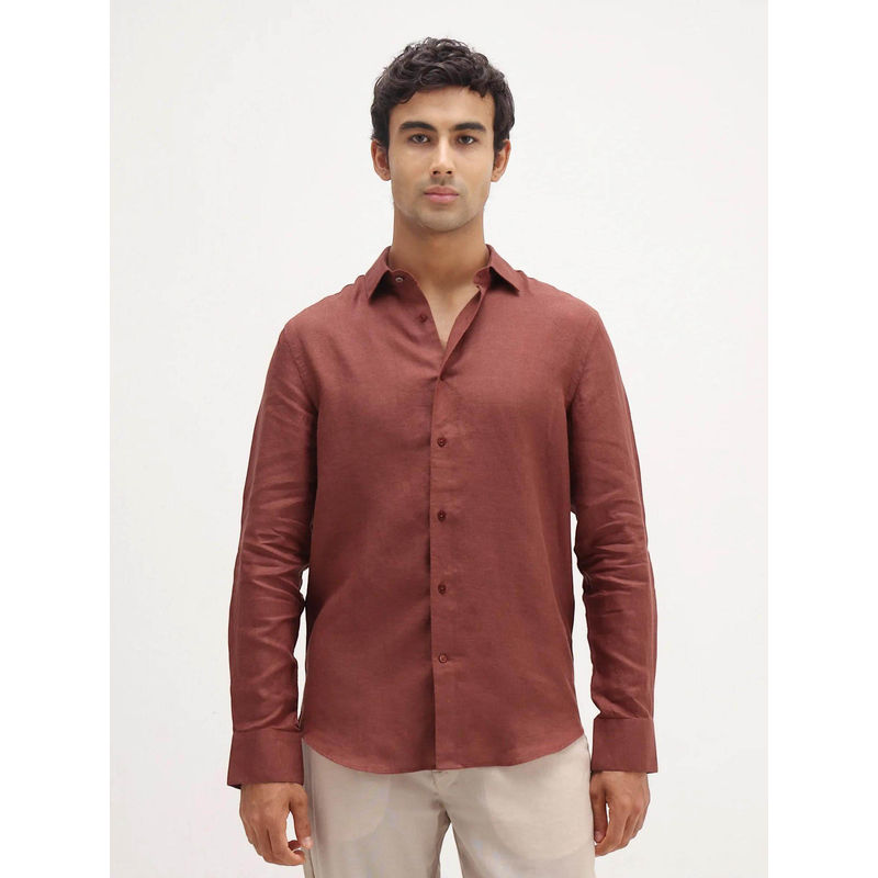 Rare Rabbit Men's Mavi Rust Linen Fabric Regular Fit Plain Shirt (2XL)