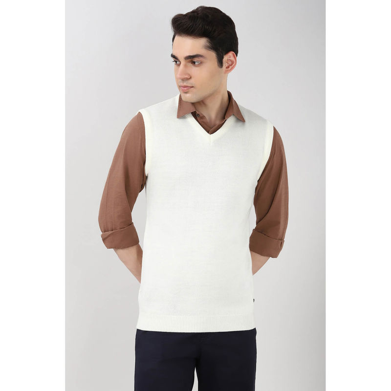 Peter England Men White Solid V Neck Sweater (S)
