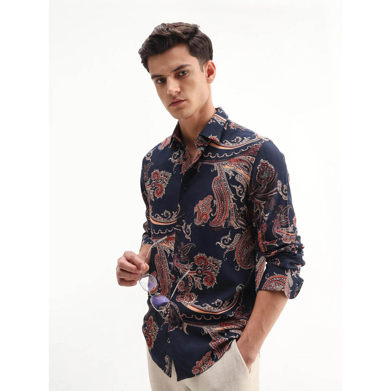 Rare Rabbit Men's Strom Navy Blue Regular Fit Paisley Print Shirt (L)
