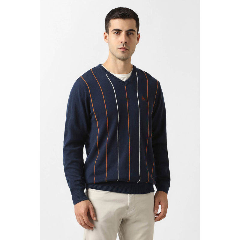 Van Heusen Men Navy Blue Stripe V Neck Sweater (M)