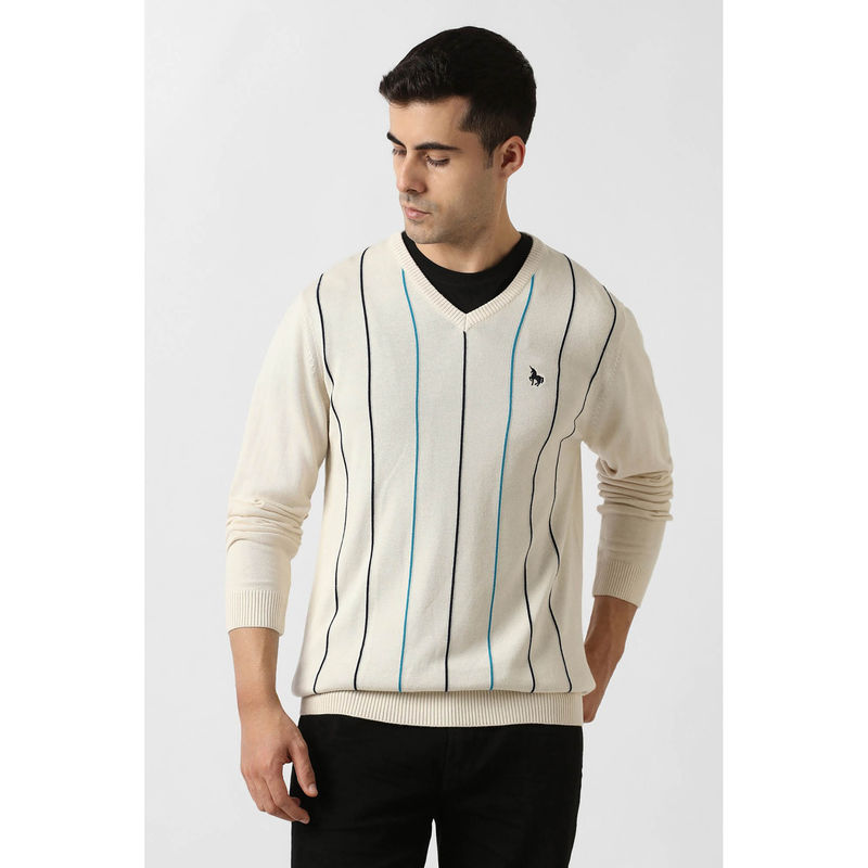 Van Heusen Men Cream Stripe V Neck Sweater (M)