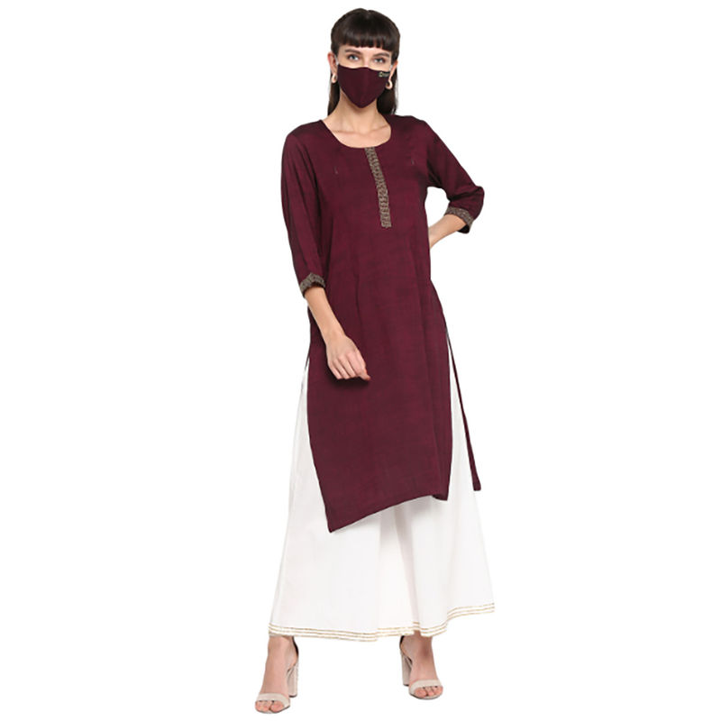 Zelena Maroon Two Tone Embroidered Feeding Kurti With Mask (Set of 2) (2XL)