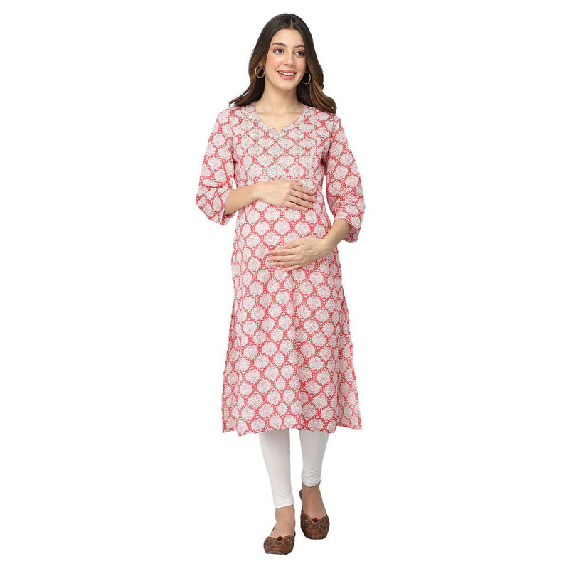 Zelena Red Embroidery And Sequins Maternity Kurti (2XL)