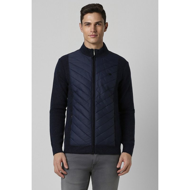 Peter England Men Navy Blue Regular Fit Colorblock High Neck Jacket (S)
