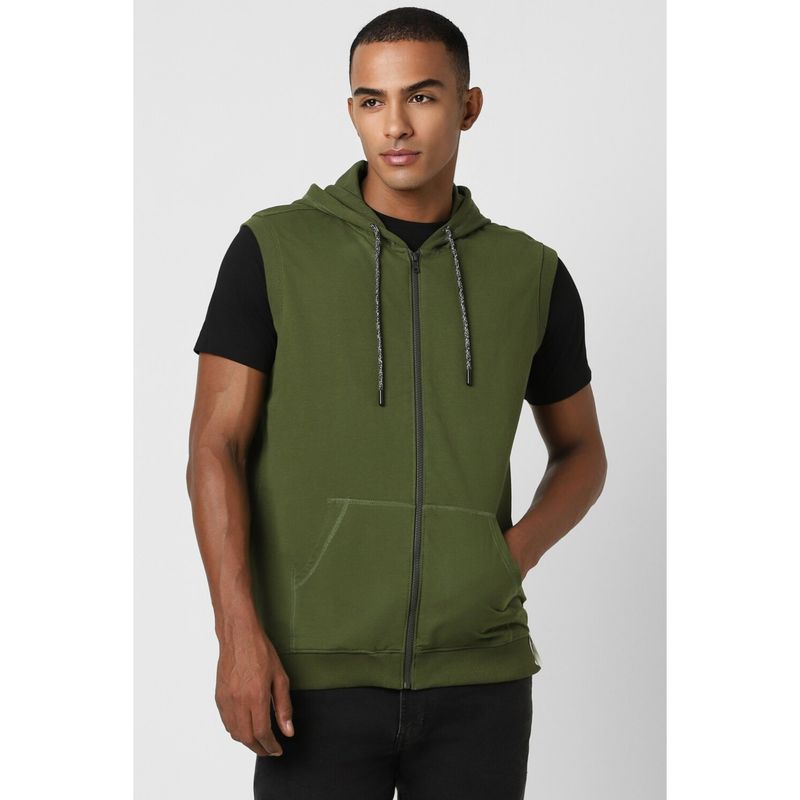 Peter England Men Olive Regular Fit Solid Hooded Sweatshirt (M)