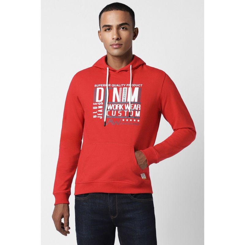 Peter England Men Red Slim Fit Graphic Hooded Sweatshirt (S)