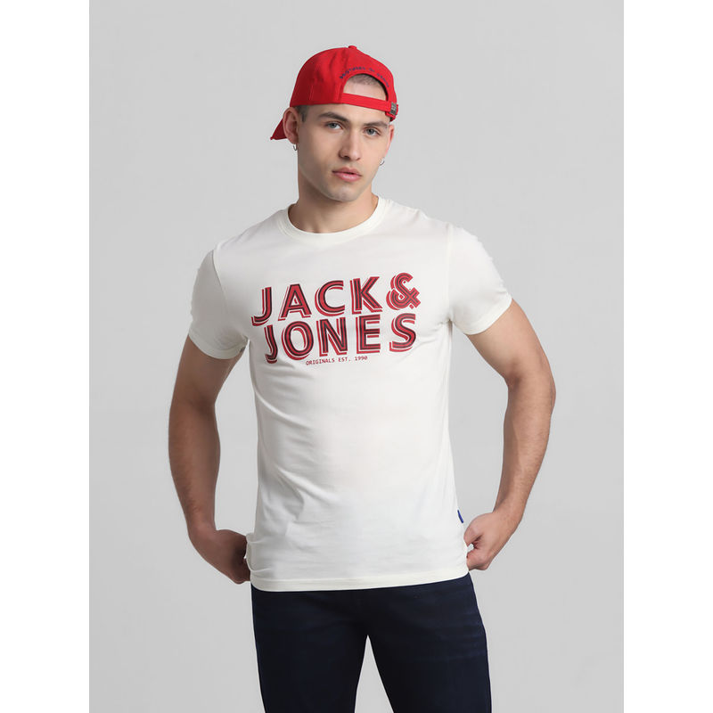 Jack & Jones White Slim Fit Typography T-Shirt (XL)