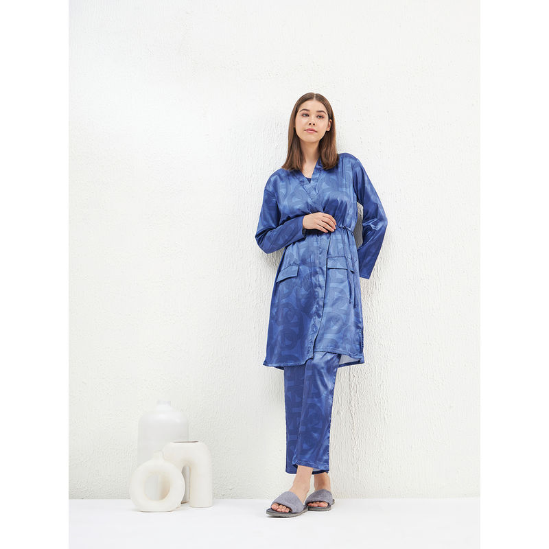 Sweet Dreams Women Blue Printed Short Gown with Inner & Pyjama (S)