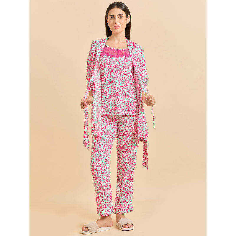 Sweet Dreams Women Pink Printed Short Gown with Inner & Pyjama (S)
