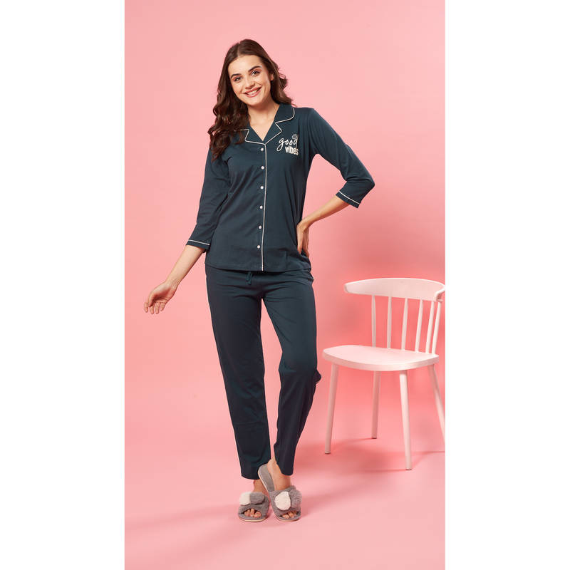 Quira Women Blue Printed Regular Fit Shirt & Pyjama (L)