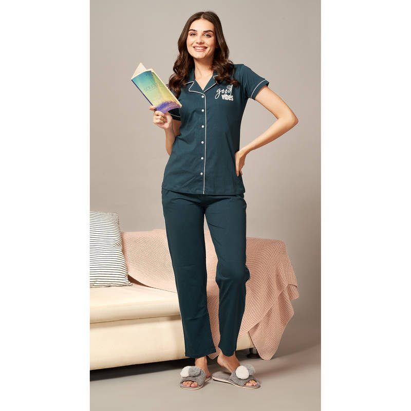 Quira Women Blue Printed Regular Fit Shirt & Pyjama (L)