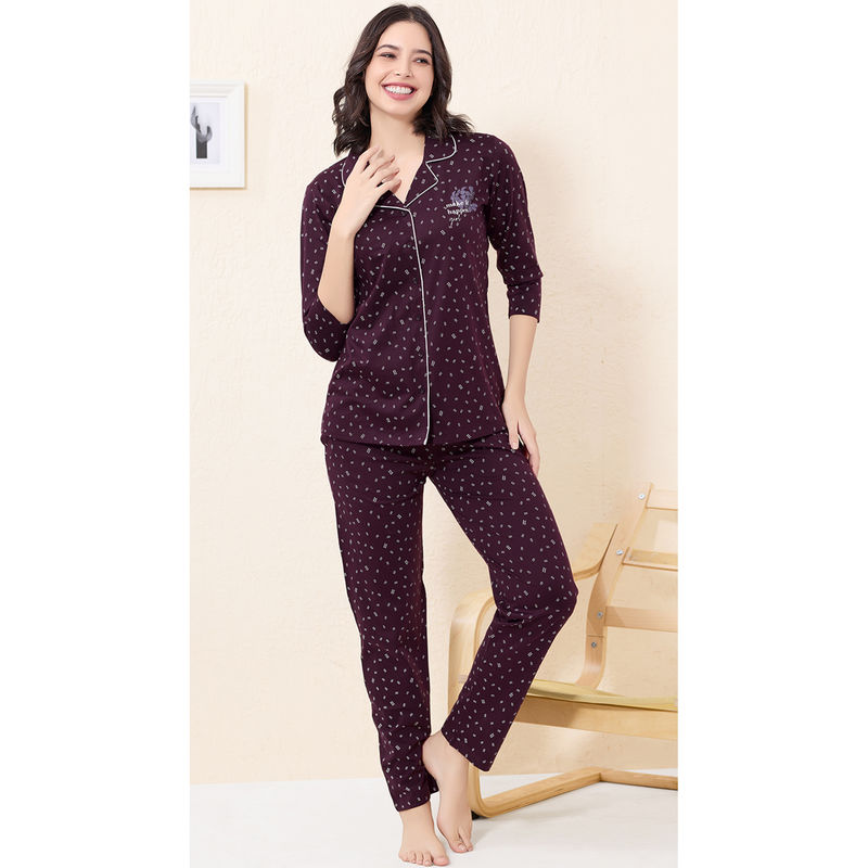 Quira Women Wine Printed Regular Fit Shirt & Pyjama (M)
