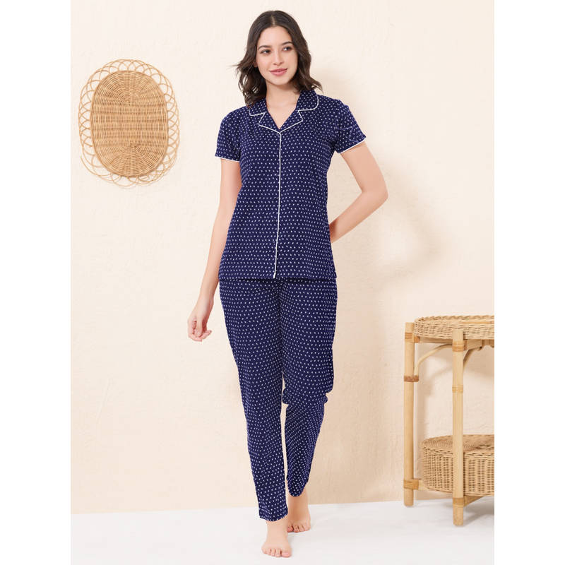 Quira Women Navy Blue Printed Regular Fit Shirt & Pyjama (M)