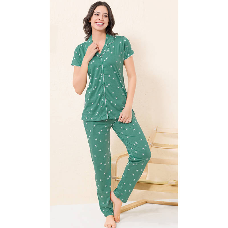 Quira Women Green Printed Regular Fit Shirt & Pyjama (S)