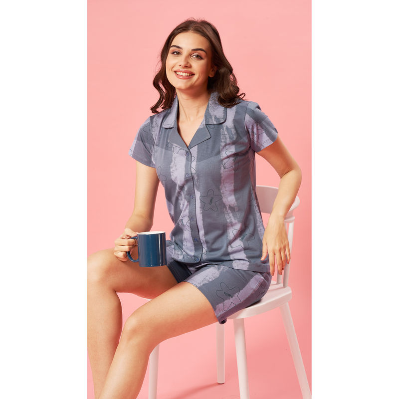 Quira Women Blue Printed Regular Fit T-shirt & Shorts (S)