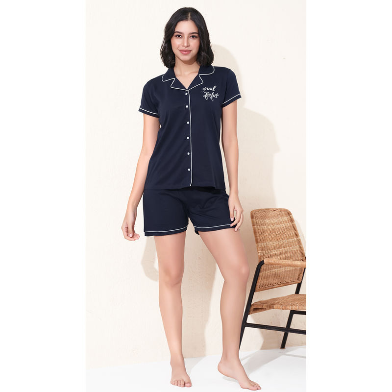 Quira Women Navy Blue Typography Regular Fit Shirt & Shorts (M)