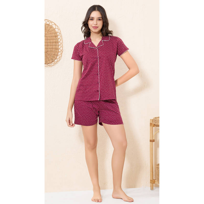 Quira Women Red Printed Regular Fit Shirt & Shorts (S)